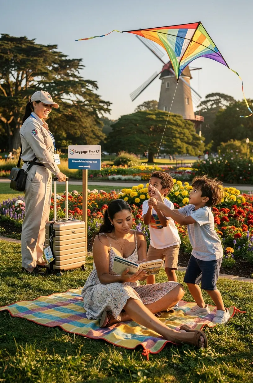 Путешественник в центре города США с легкой сумкой, наслаждающийся свободой без багажа благодаря услуге доставки в тот же день. Курьер с фирменным рюкзаком доставляет багаж от отеля к туристической достопримечательности в оживленном городском пейзаже. Карта города с отмеченными отелями и туристическими местами, иллюстрирующая маршруты быстрой доставки багажа для комфортного путешествия.